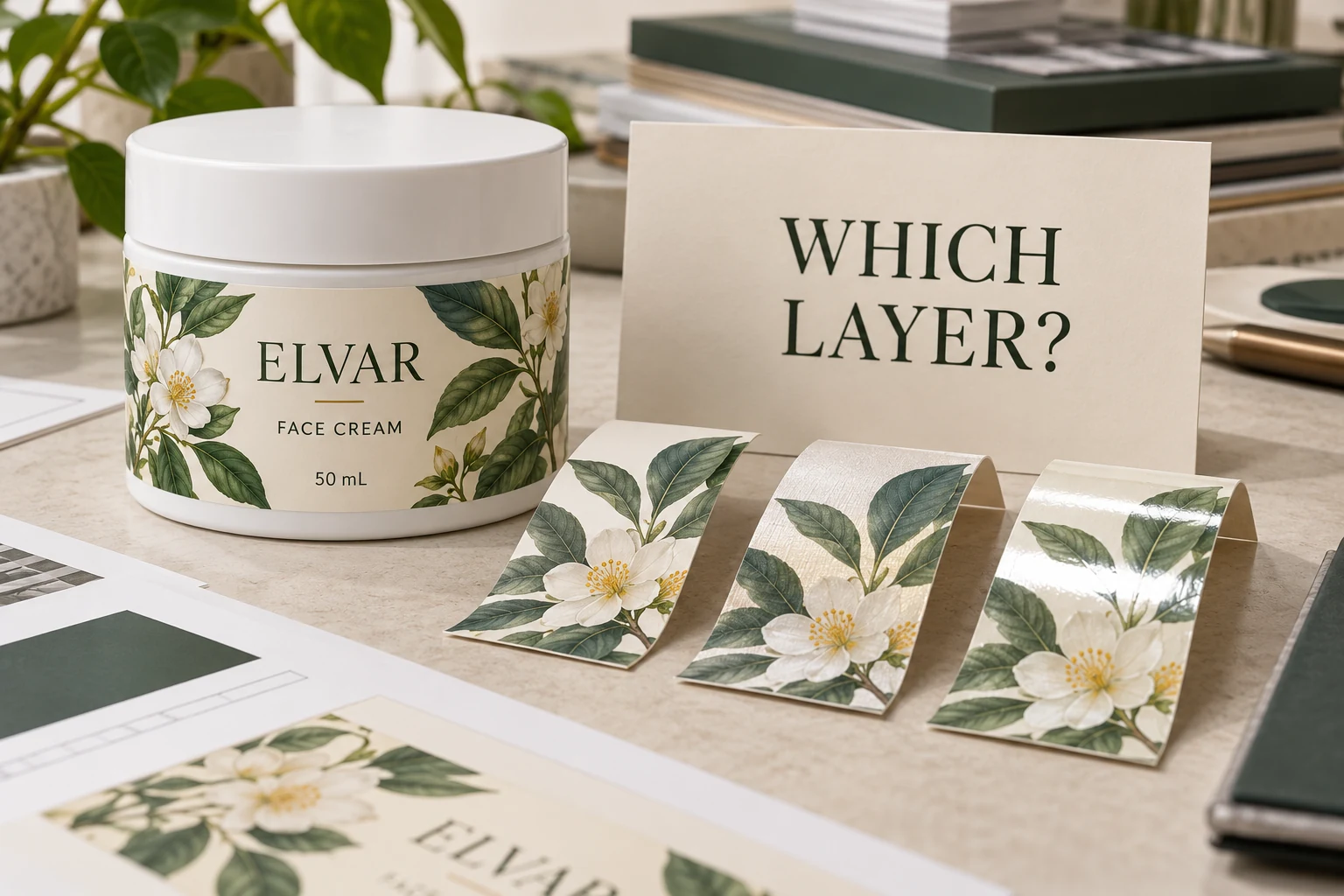 An ELVAR cream jar and decorated label samples accompany the question of which layer a specification describes