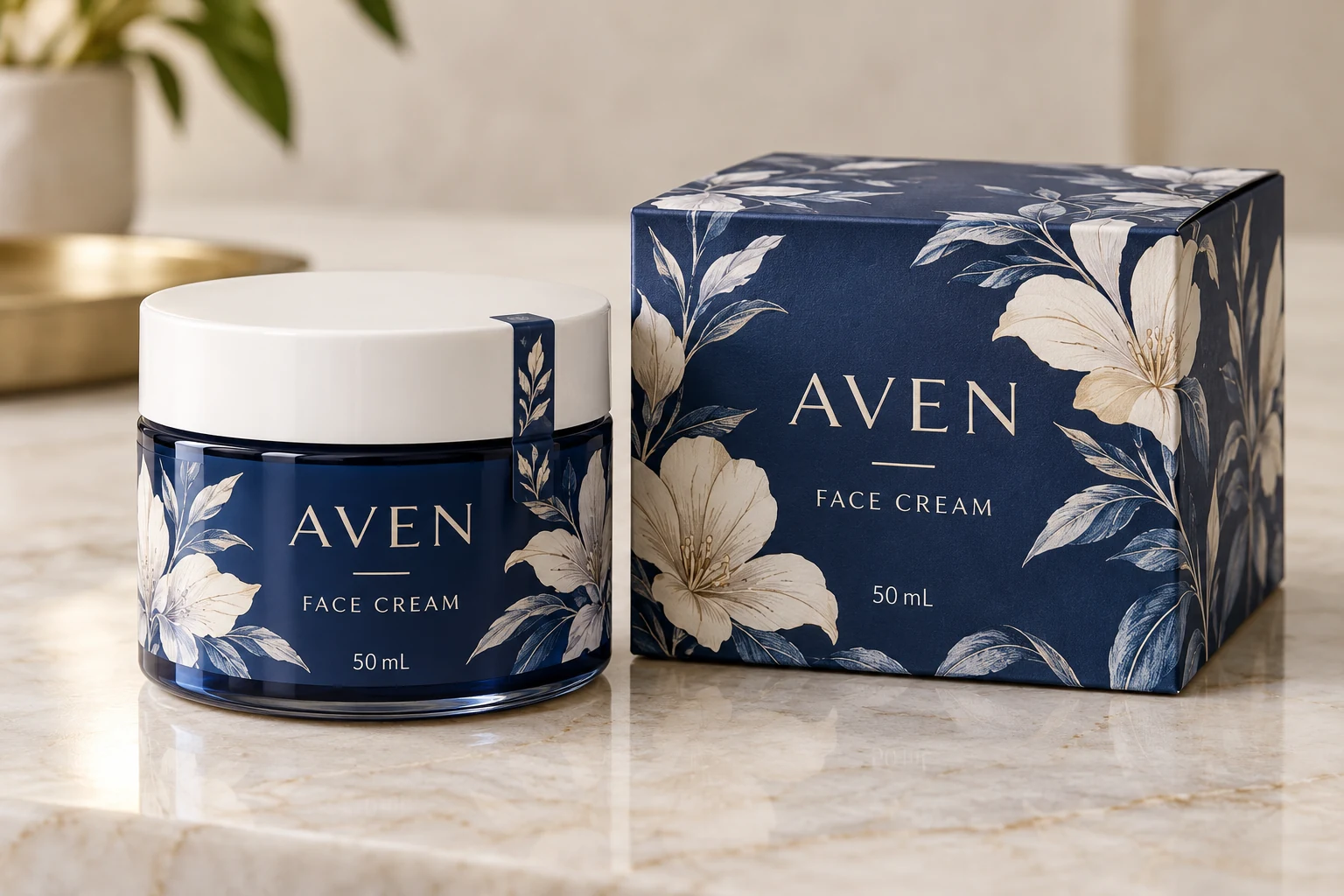An AVEN cream jar illustrates a branded closure strip crossing one lid-to-body joint