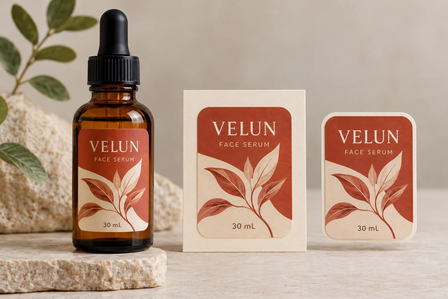 VELUN serum packaging accompanies identical label shapes supplied on different backing boundaries