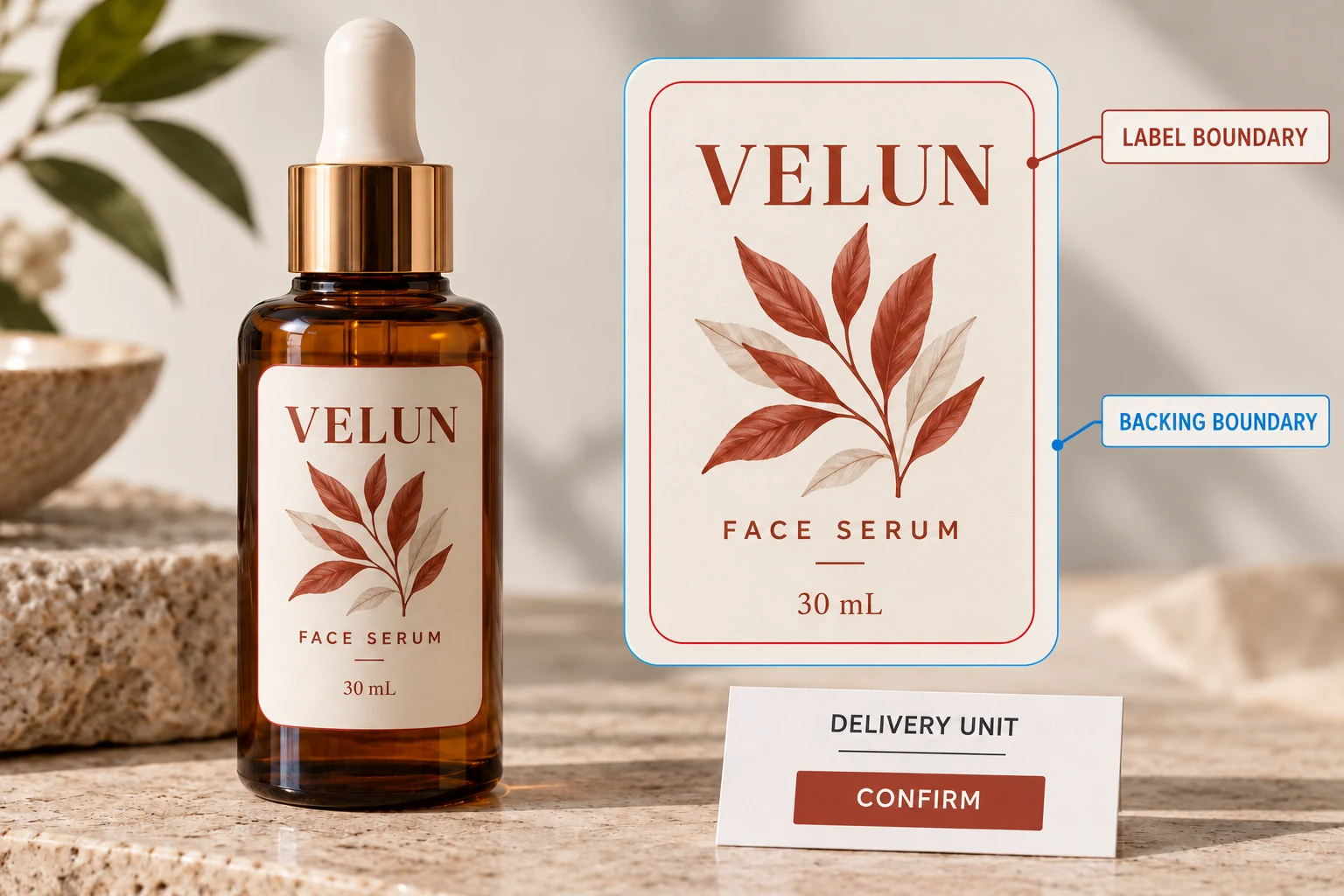 A VELUN packaging example separates the finished label boundary from the larger backing boundary