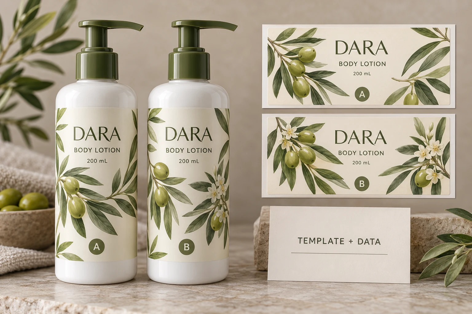 DARA lotion examples A and B pair complete branded bottles with their corresponding artwork