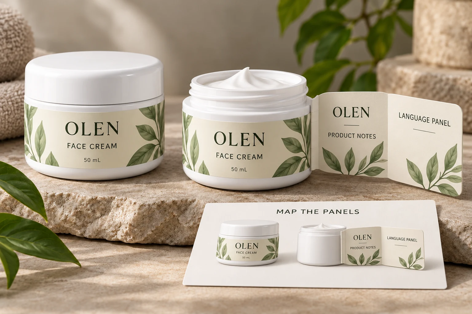 An OLEN cream jar illustrates a conceptual opening label with an attached information flap