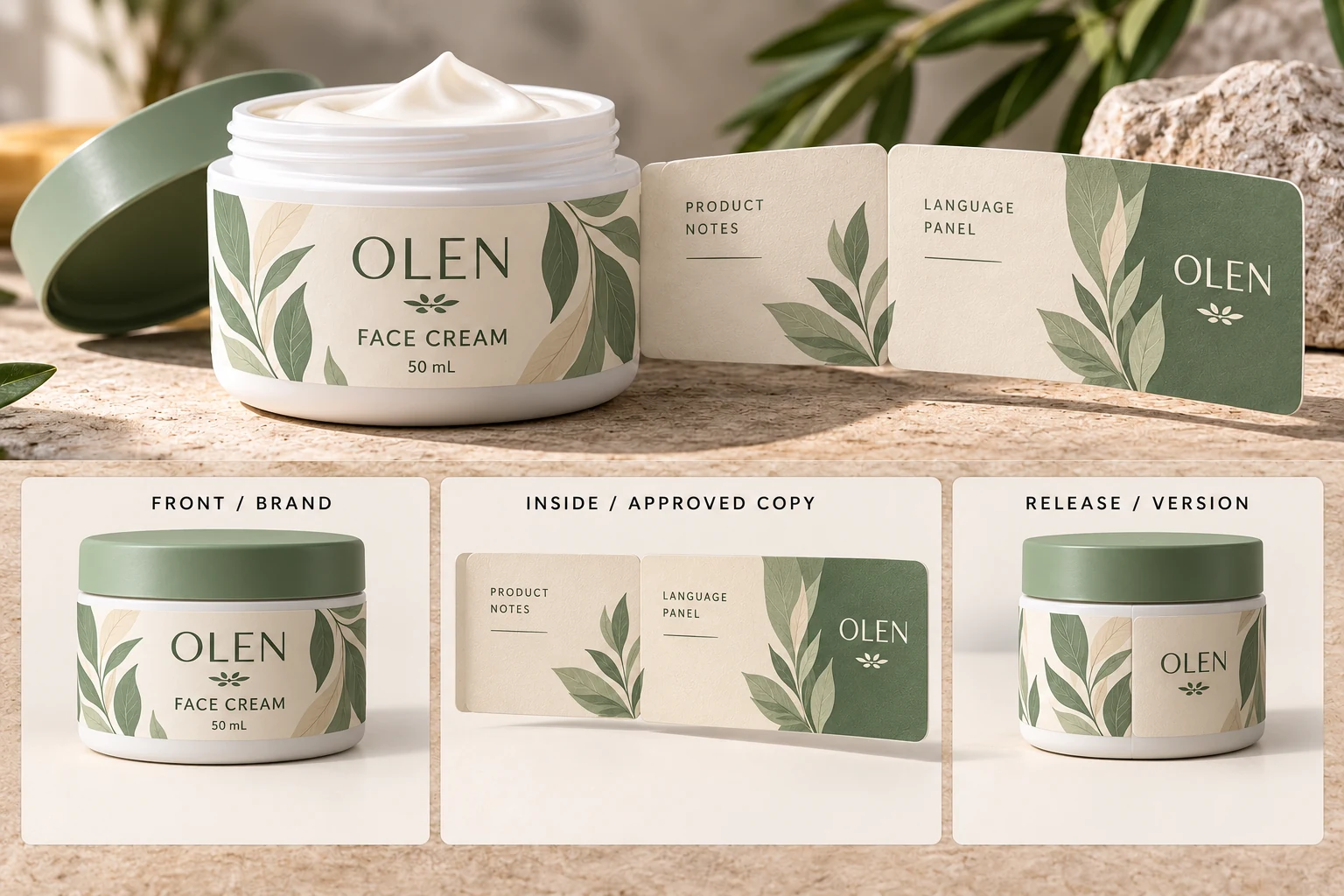 An OLEN packaging concept accompanies a panel map separating brand, approved copy and version release