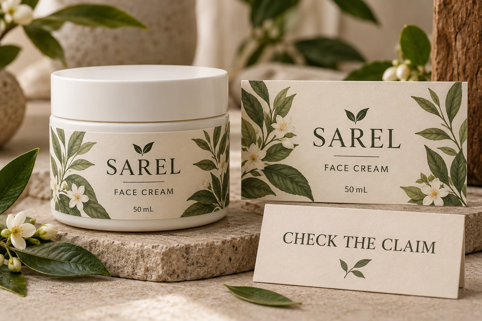 SAREL cream jar and paper-look label beside a reminder to check the supplied claim