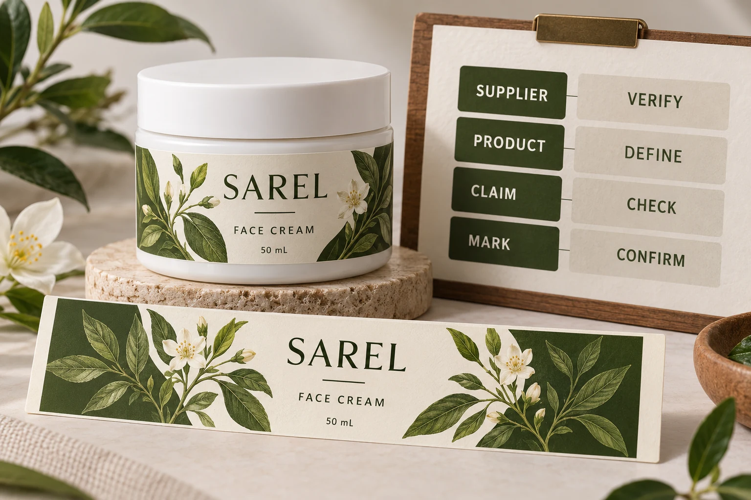 SAREL cream packaging beside supplier, product, claim and mark review fields