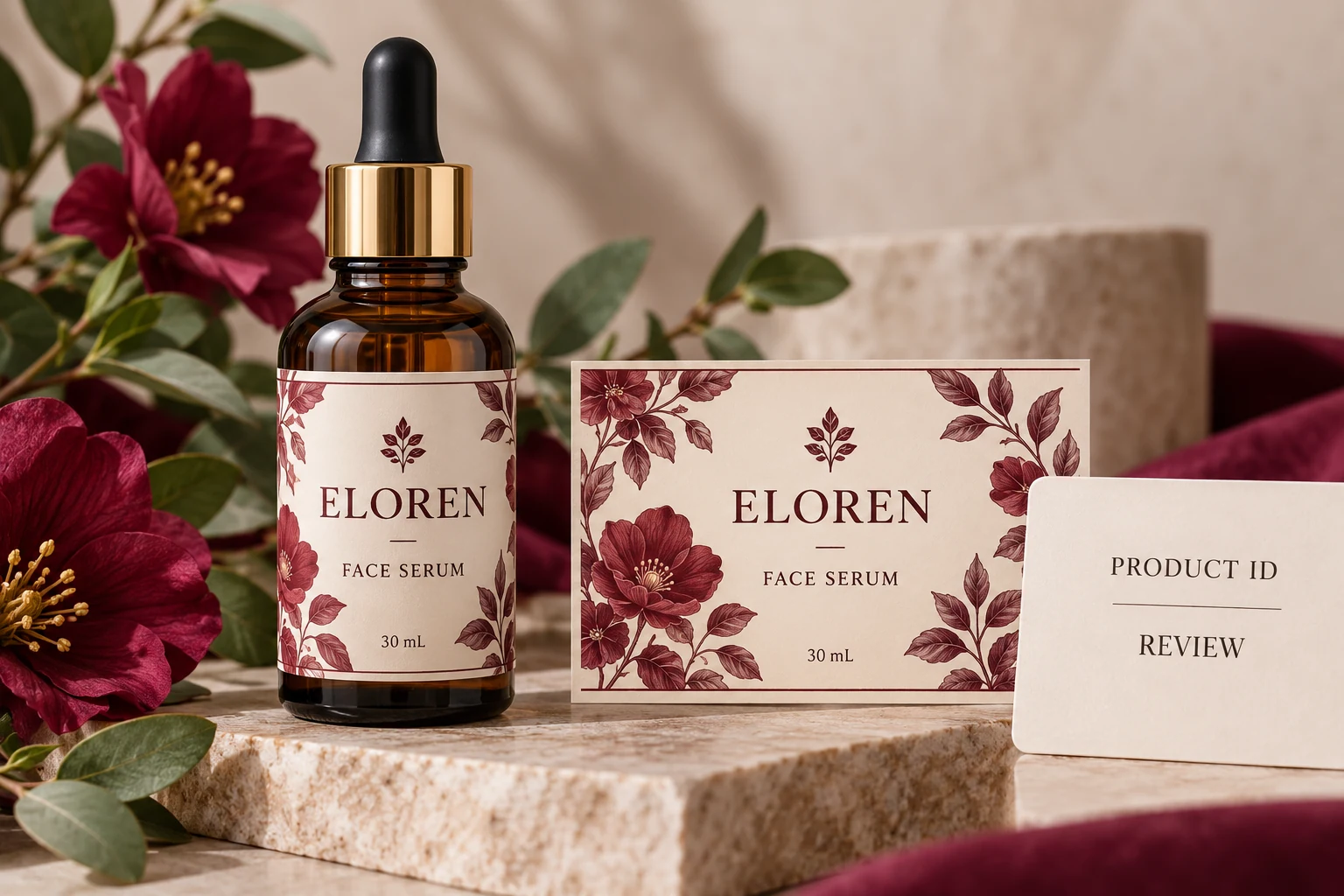 ELOREN serum packaging and matching artwork beside a product identity review reminder