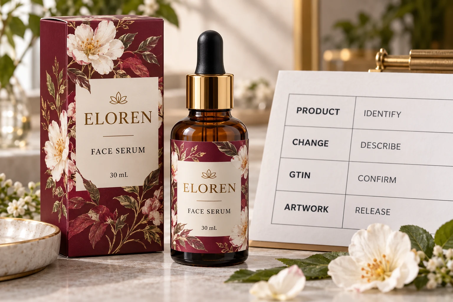 ELOREN packaging beside a product, change, GTIN and artwork review worksheet