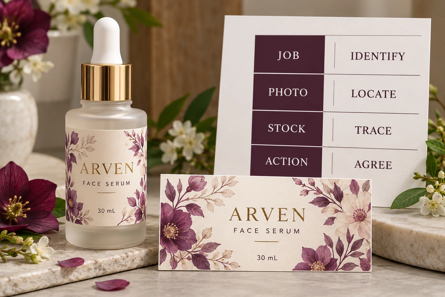 ARVEN packaging beside job identification, photo location, stock tracing and action fields