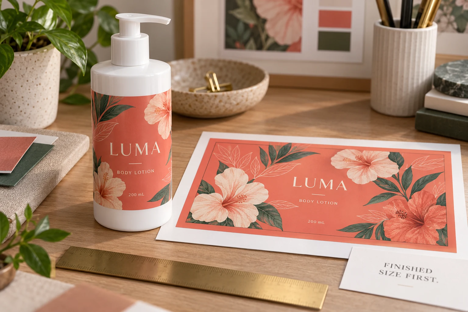 A complete LUMA lotion label appears on its bottle beside a flat artwork and finished-size review card