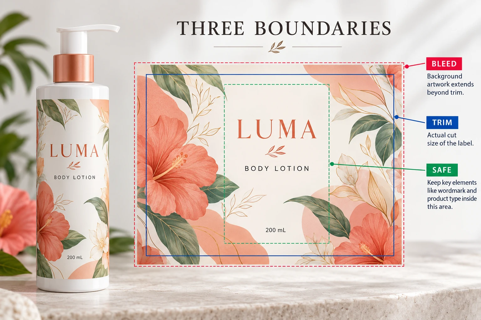 A LUMA label diagram separates an outer bleed boundary, finished trim and an inner safe area