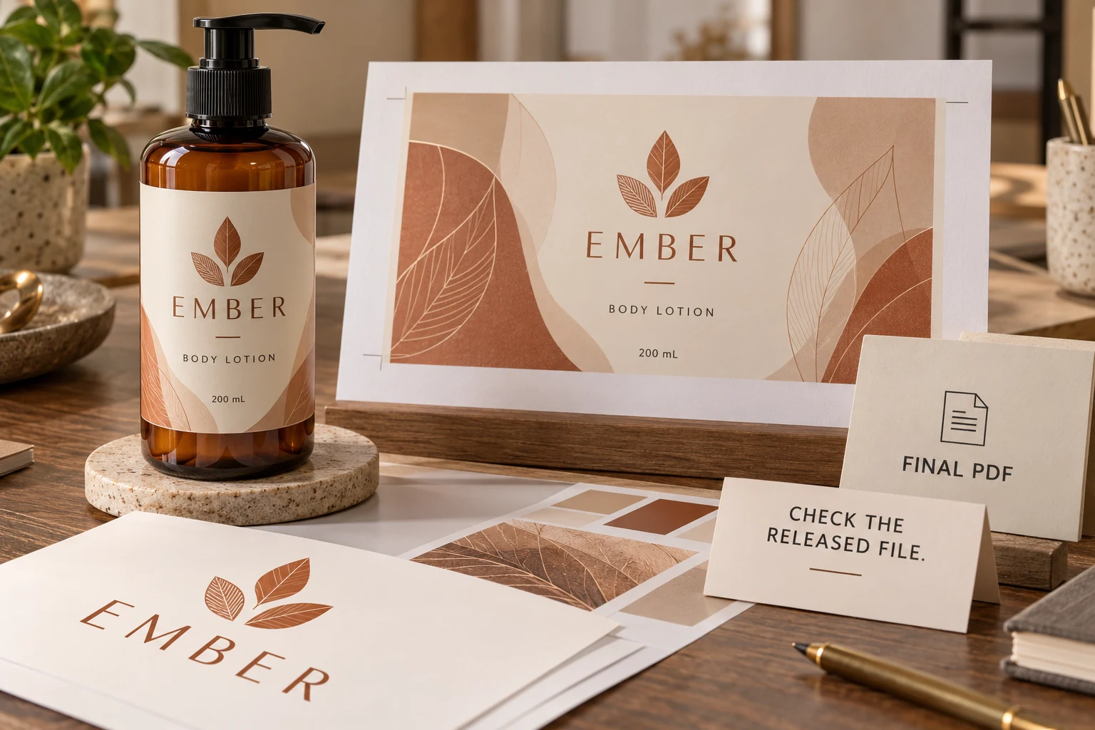 An EMBER lotion bottle and matching label artwork sit beside a final-PDF review card