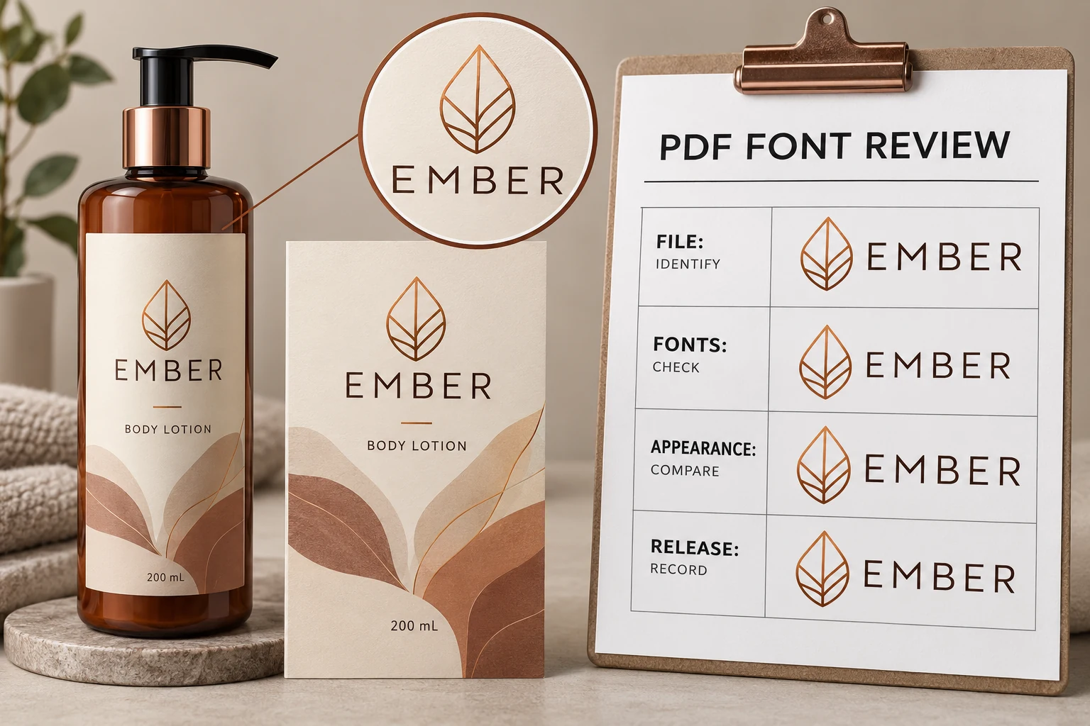 An EMBER packaging example accompanies a PDF font review worksheet with file, font, appearance and release fields