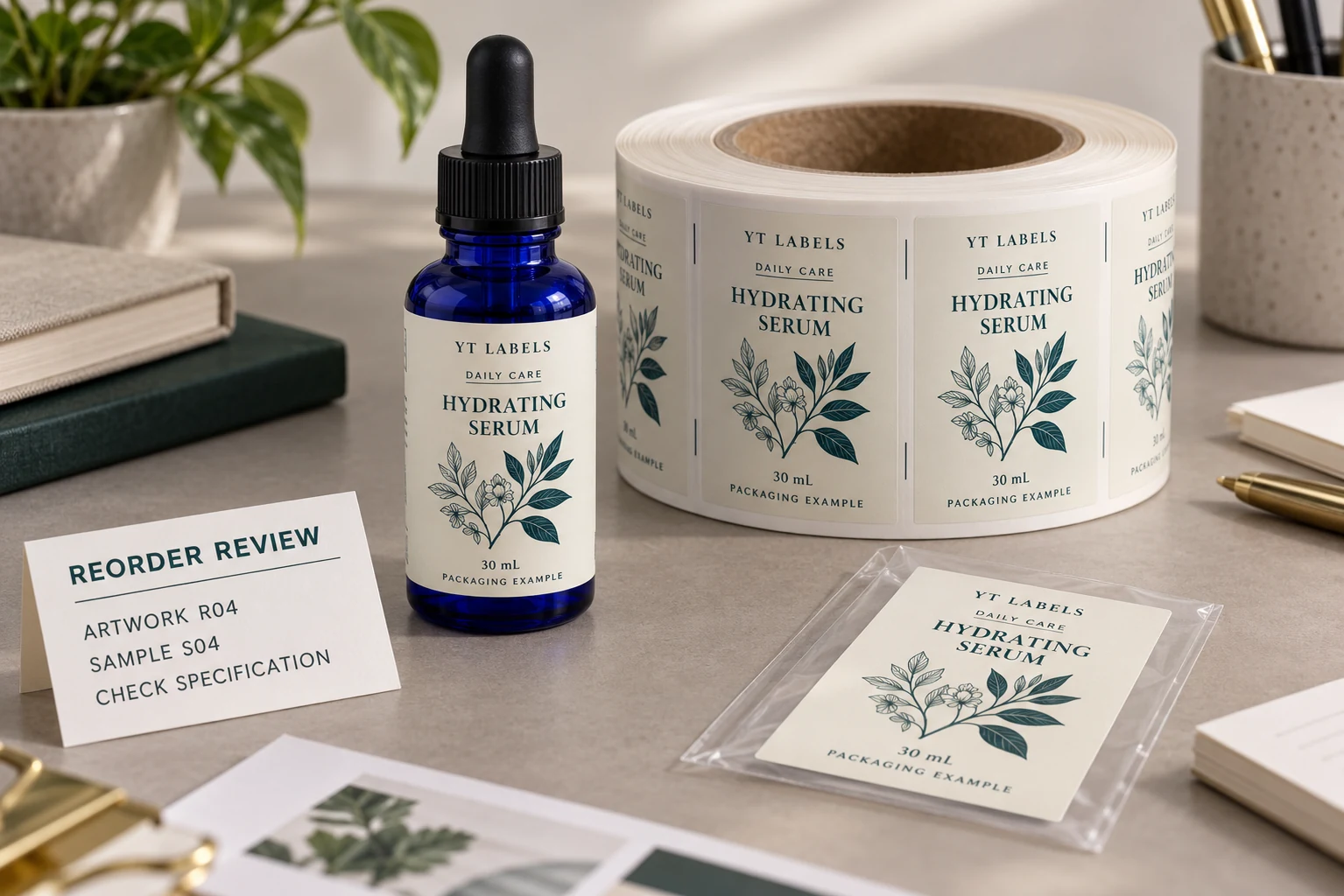Cobalt blue YT Labels serum bottle with a matching printed label roll, retained sample and artwork revision review card