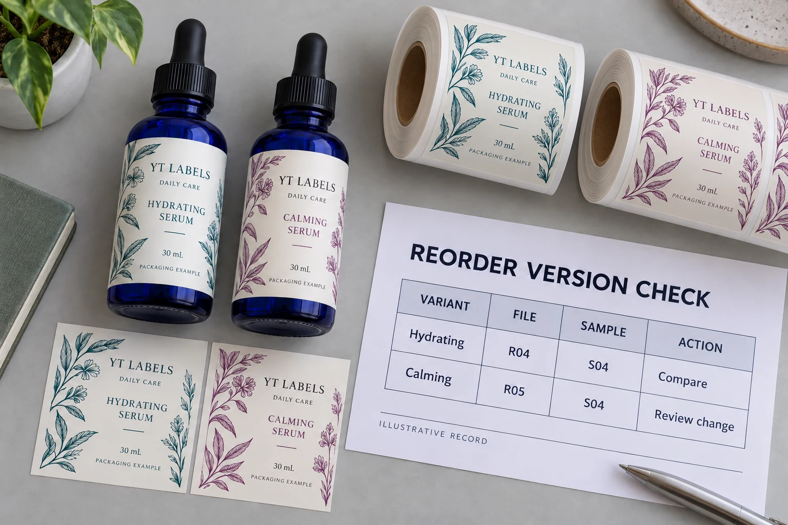 Two YT Labels serum variants with separate label rolls and a revision sheet showing a newer file requiring review against an older sample