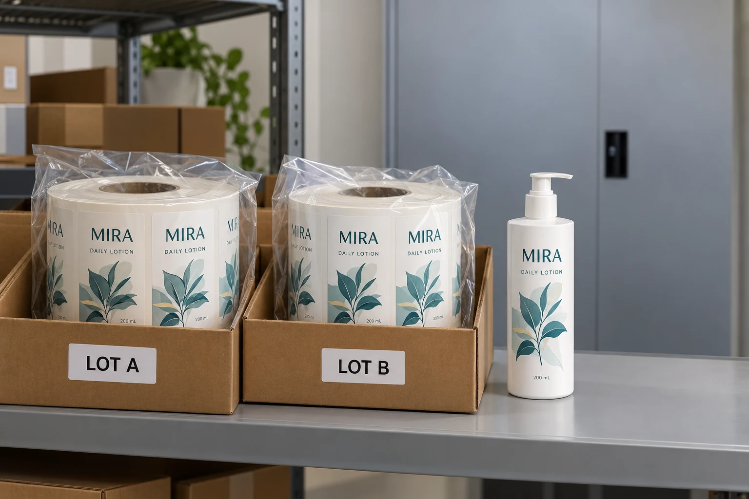 Individually protected MIRA lotion label rolls in identified boxes beside a matching branded pump bottle