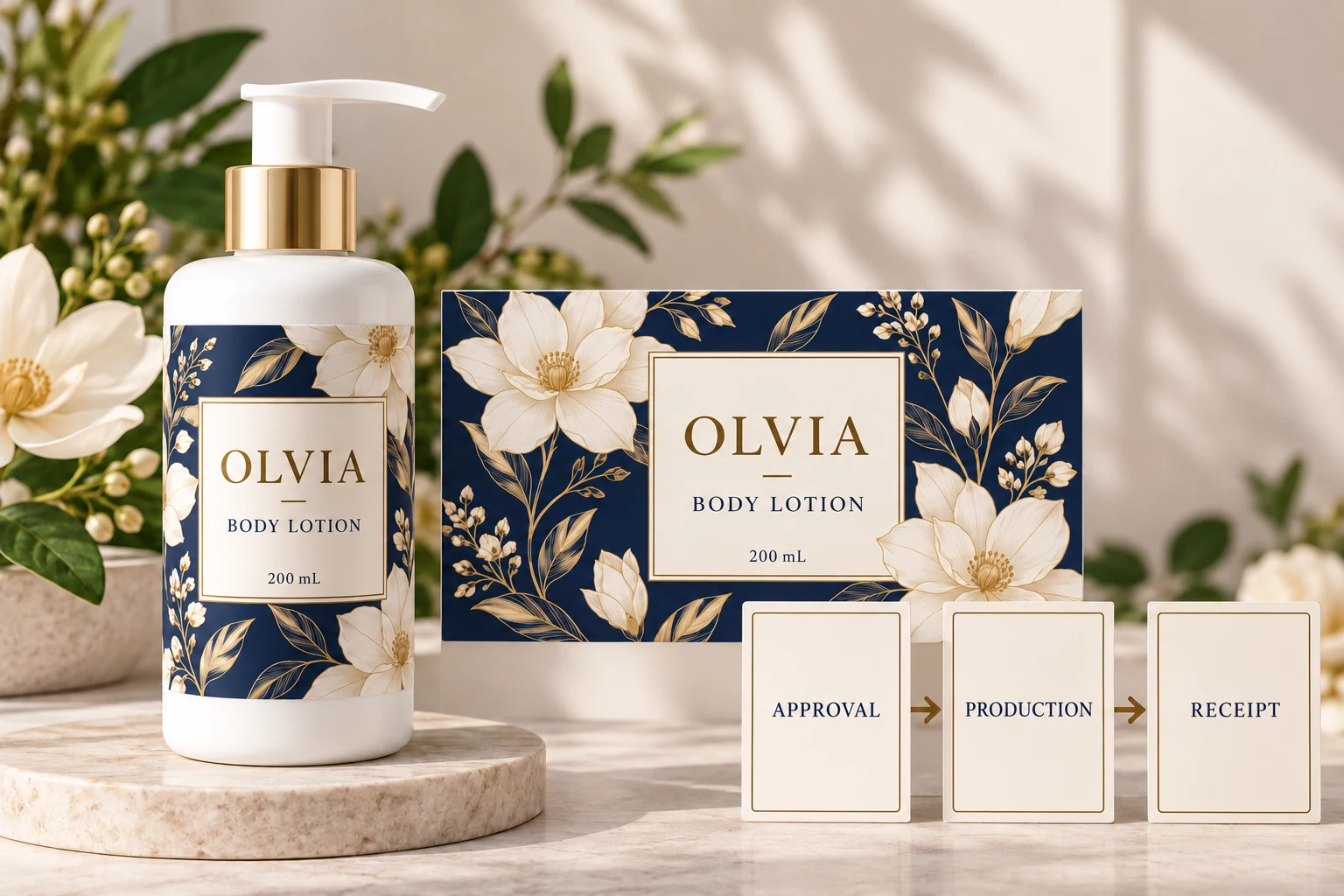 OLVIA lotion packaging beside approval, production and receipt milestone cards