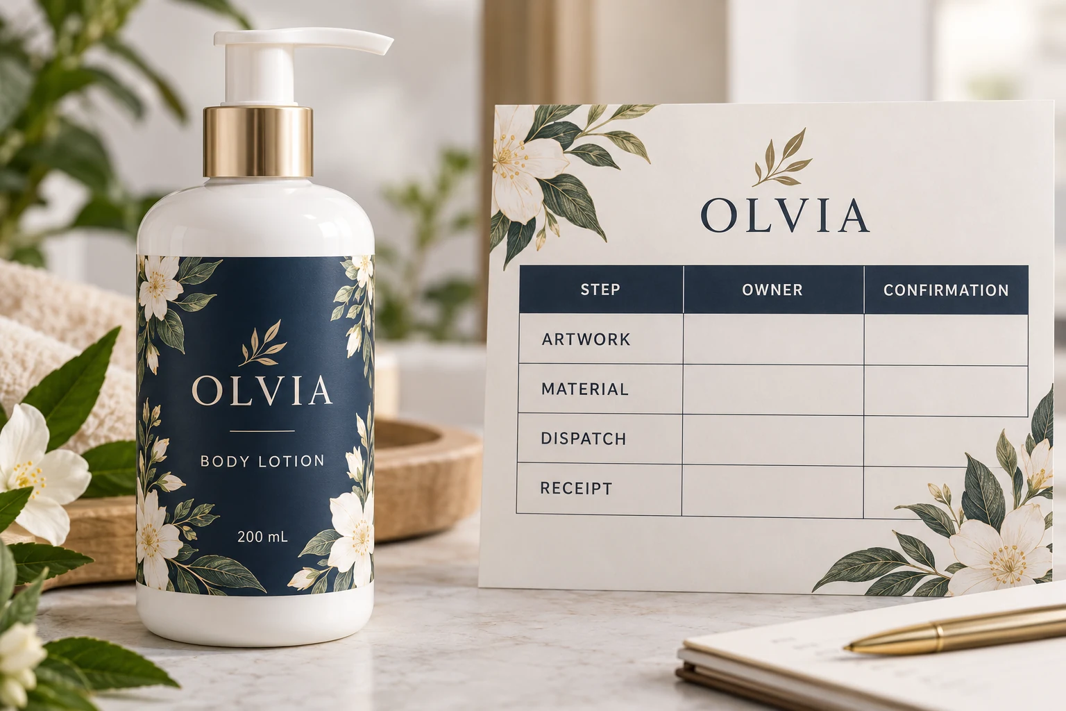 OLVIA packaging beside a milestone sheet assigning owners and confirmations