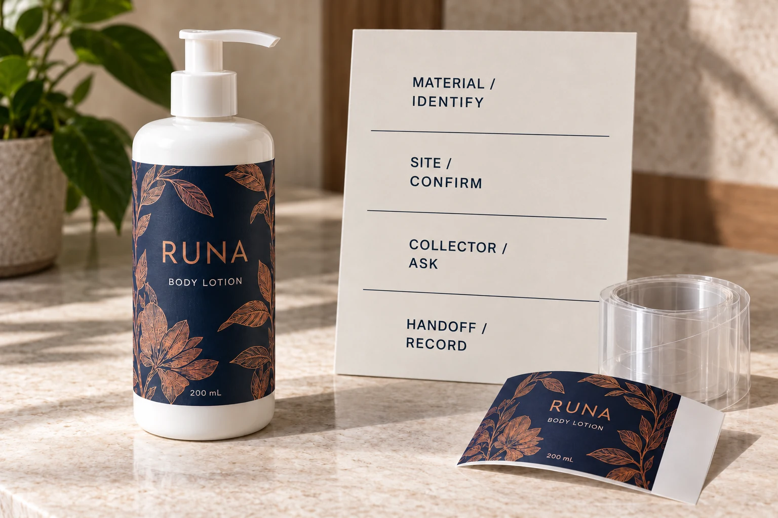 A RUNA packaging example separates material identification from site, collector and handoff confirmation