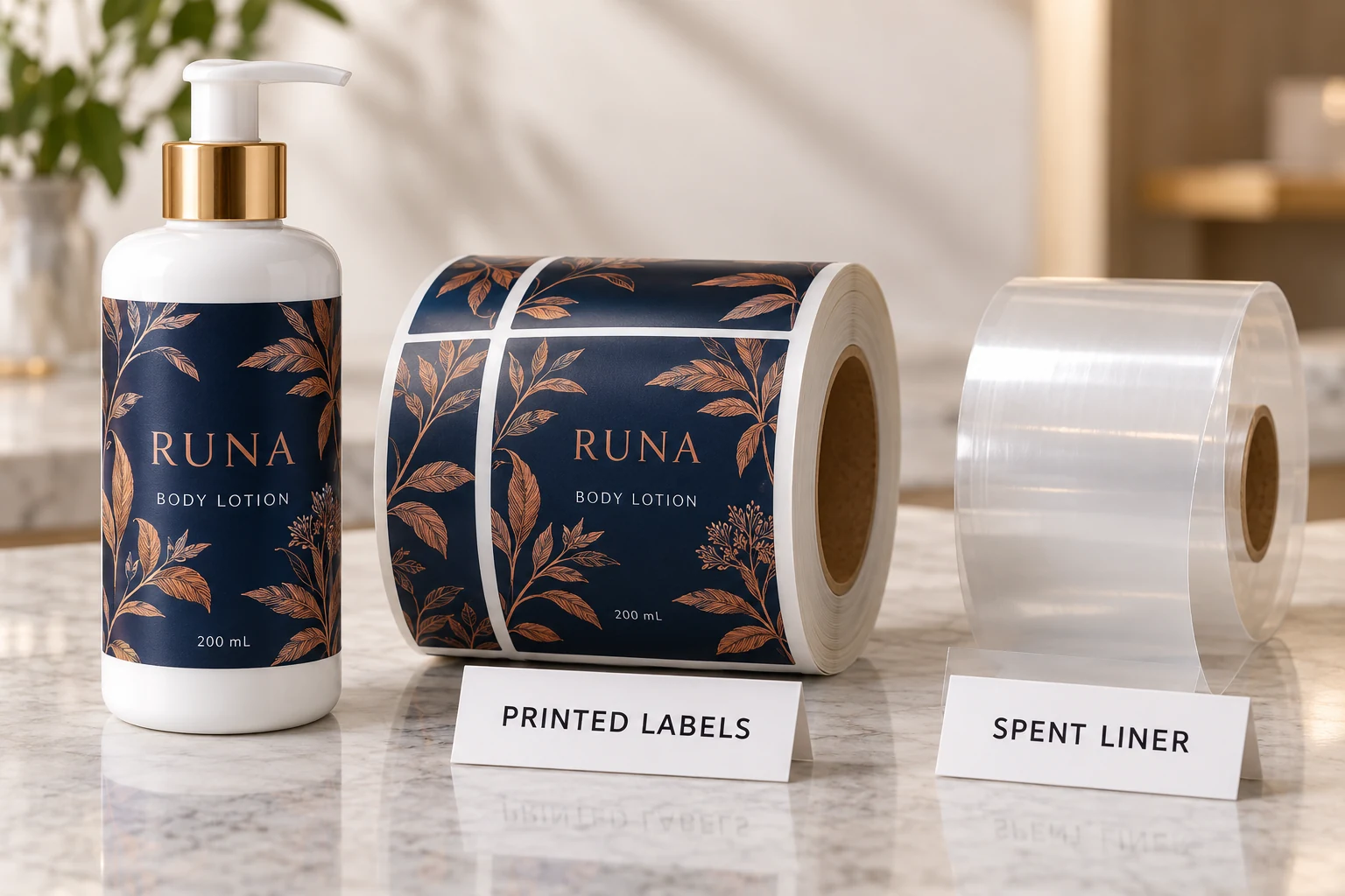RUNA lotion packaging and printed labels appear beside a separately identified spent backing coil