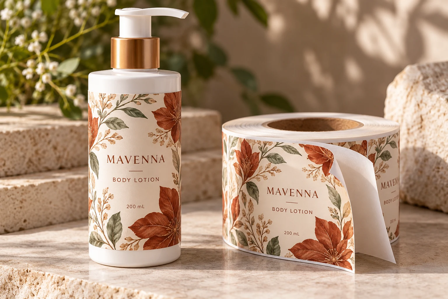 A MAVENNA lotion bottle and single-design label roll illustrate a label separating from its supporting liner