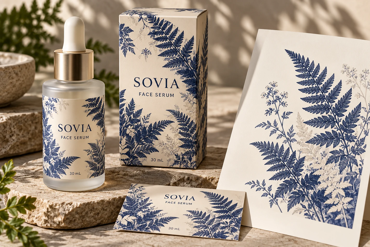 SOVIA serum packaging appears with matching decorated artwork and a separate botanical illustration sheet