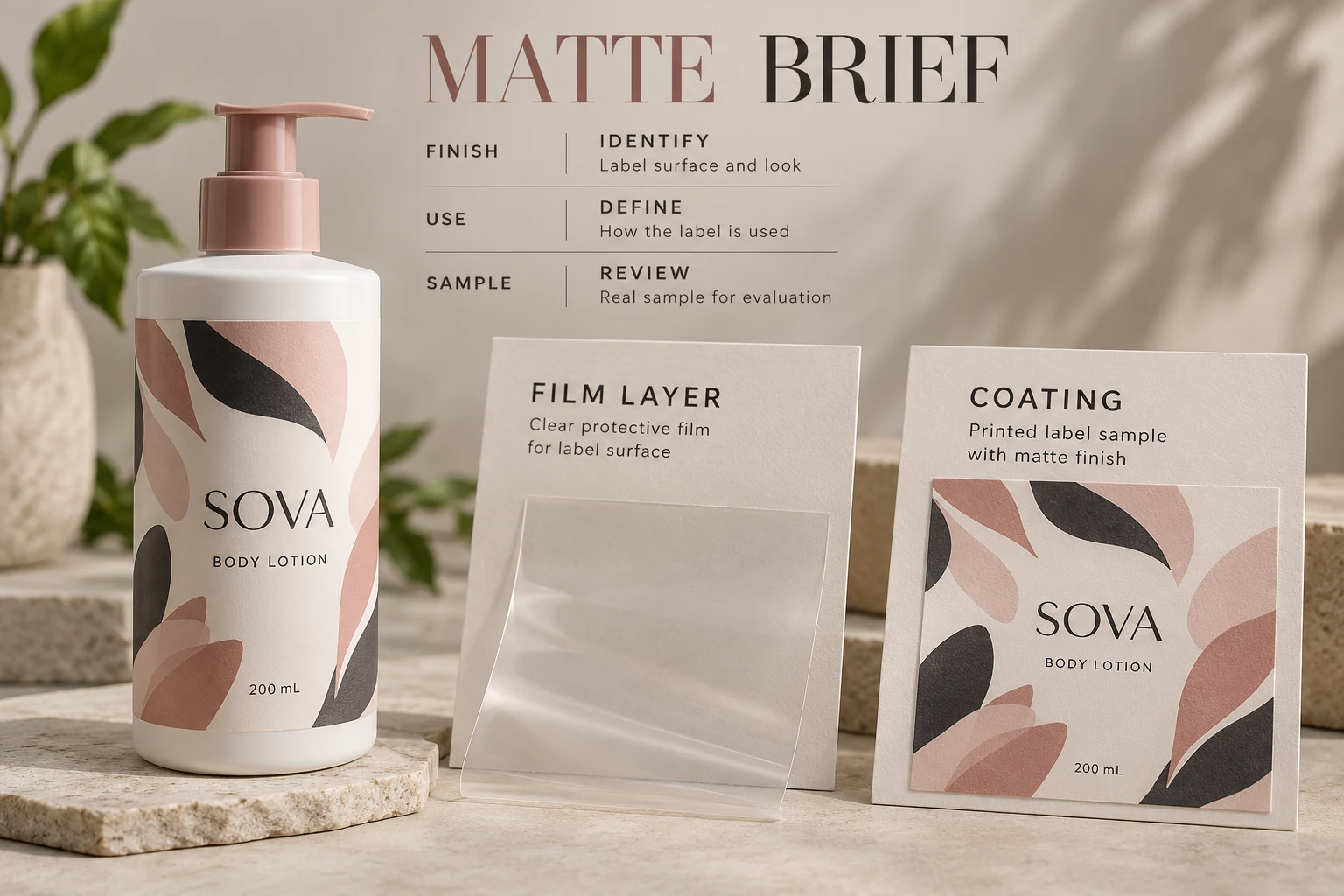 A SOVA packaging example distinguishes a separate film layer from a coating sample in a matte-finish brief