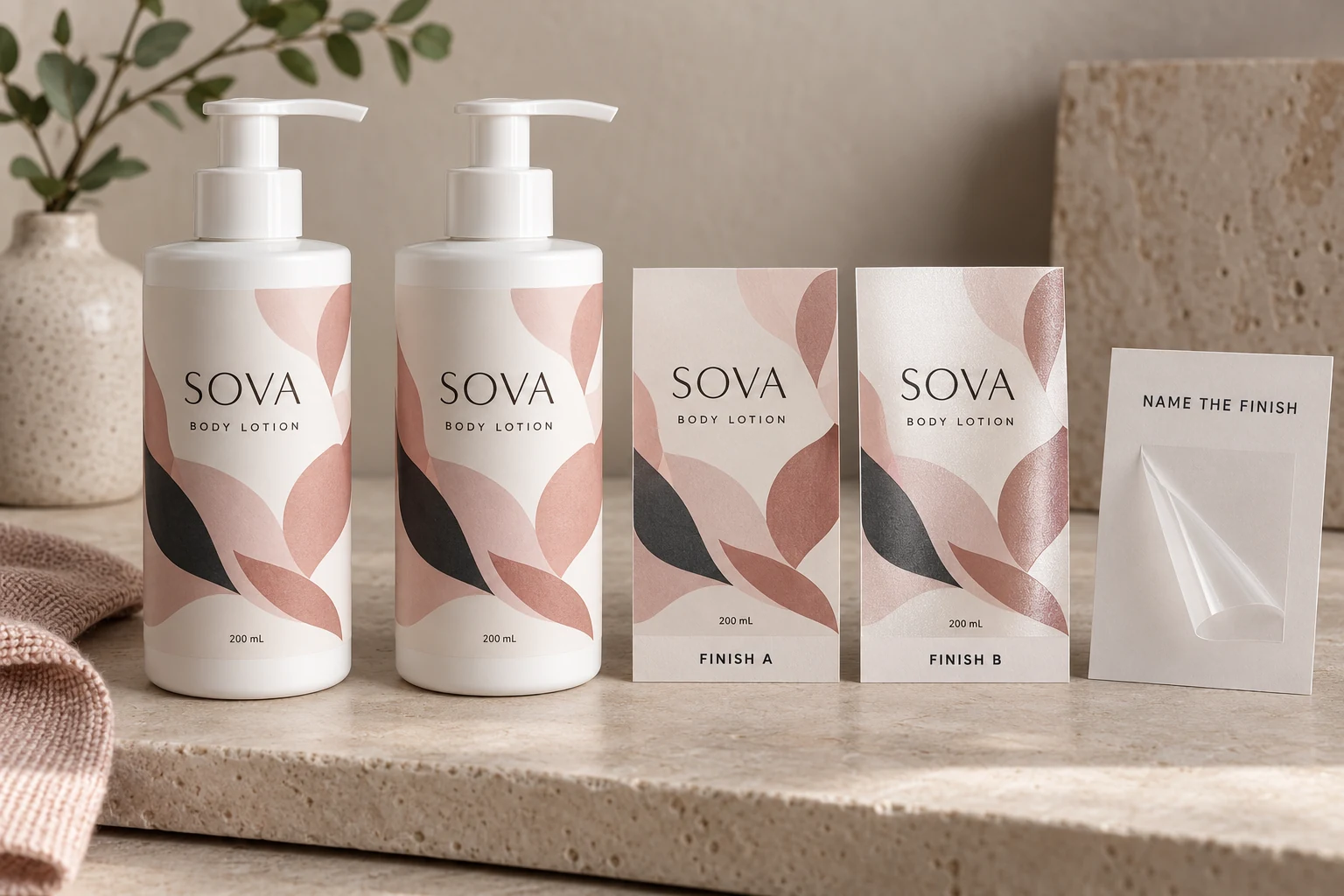 Two SOVA lotion packaging concepts accompany identified finish samples and a finish-name card