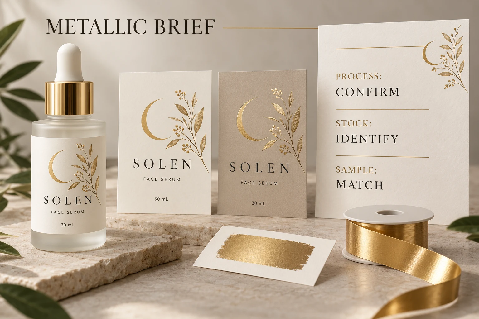 A SOLEN packaging example pairs a metallic finish sample with process, stock and reference fields