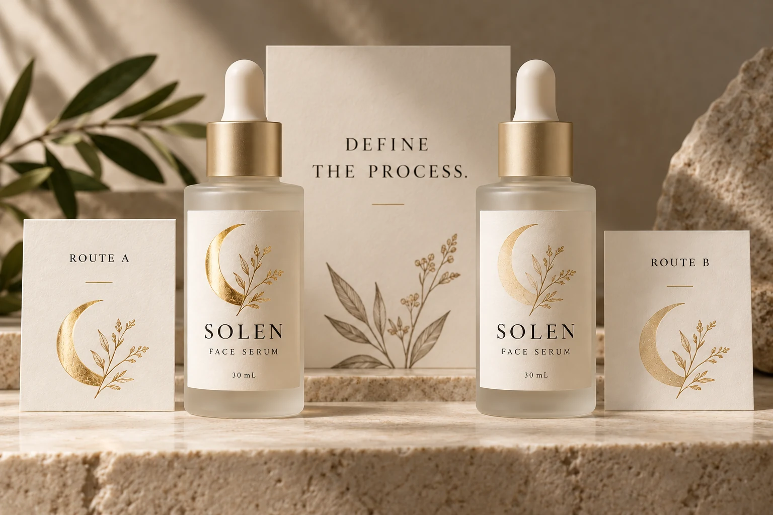 Original SOLEN serum packaging illustrates two metallic design directions beside a process brief
