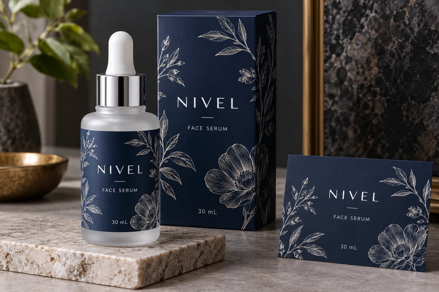 NIVEL serum packaging and matching dark label artwork accompany an output-review reminder