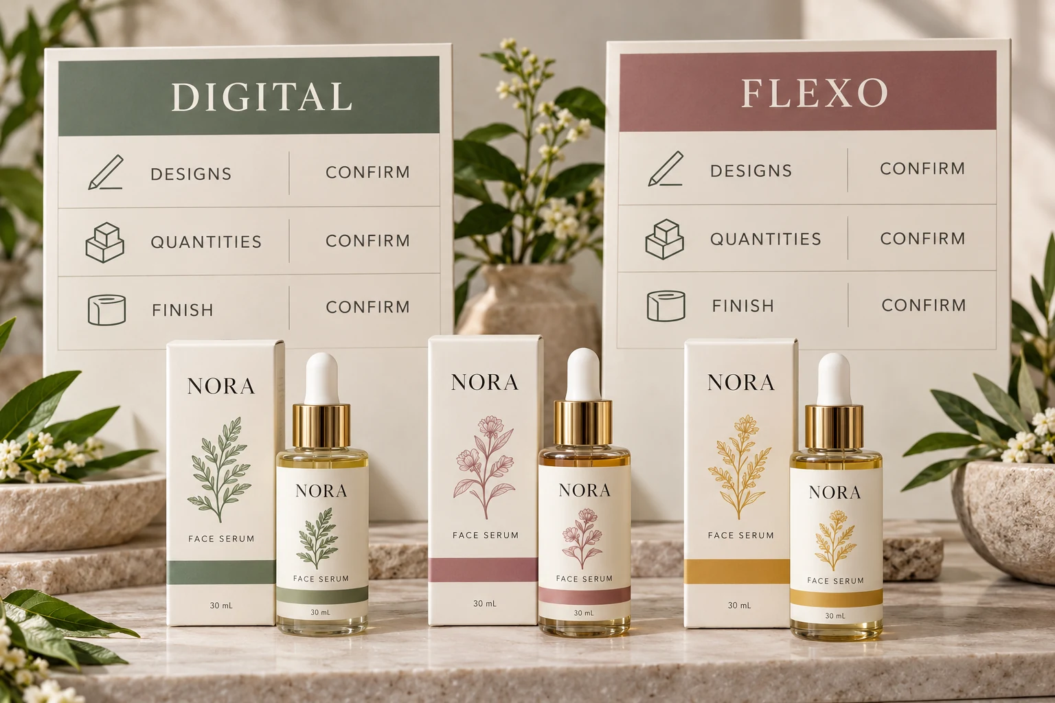 Two unpriced NORA quotation boards identify the same design, quantity and finish questions for digital and flexo routes