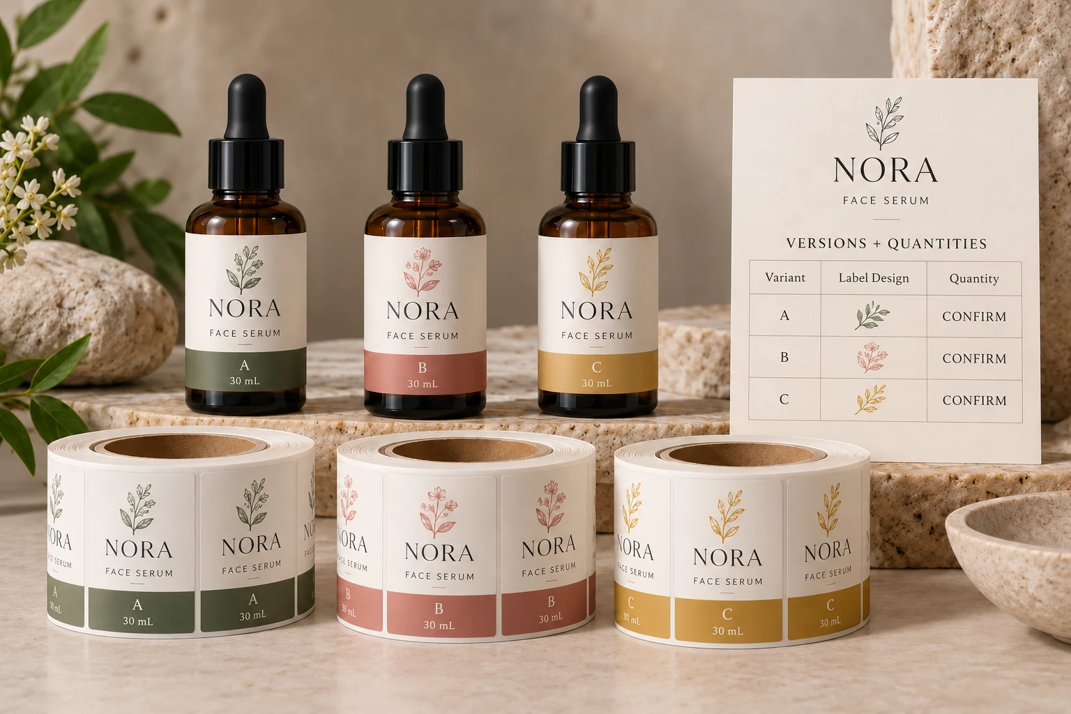 A complete NORA serum range and separate single-SKU printed rolls accompany a versions-and-quantities brief
