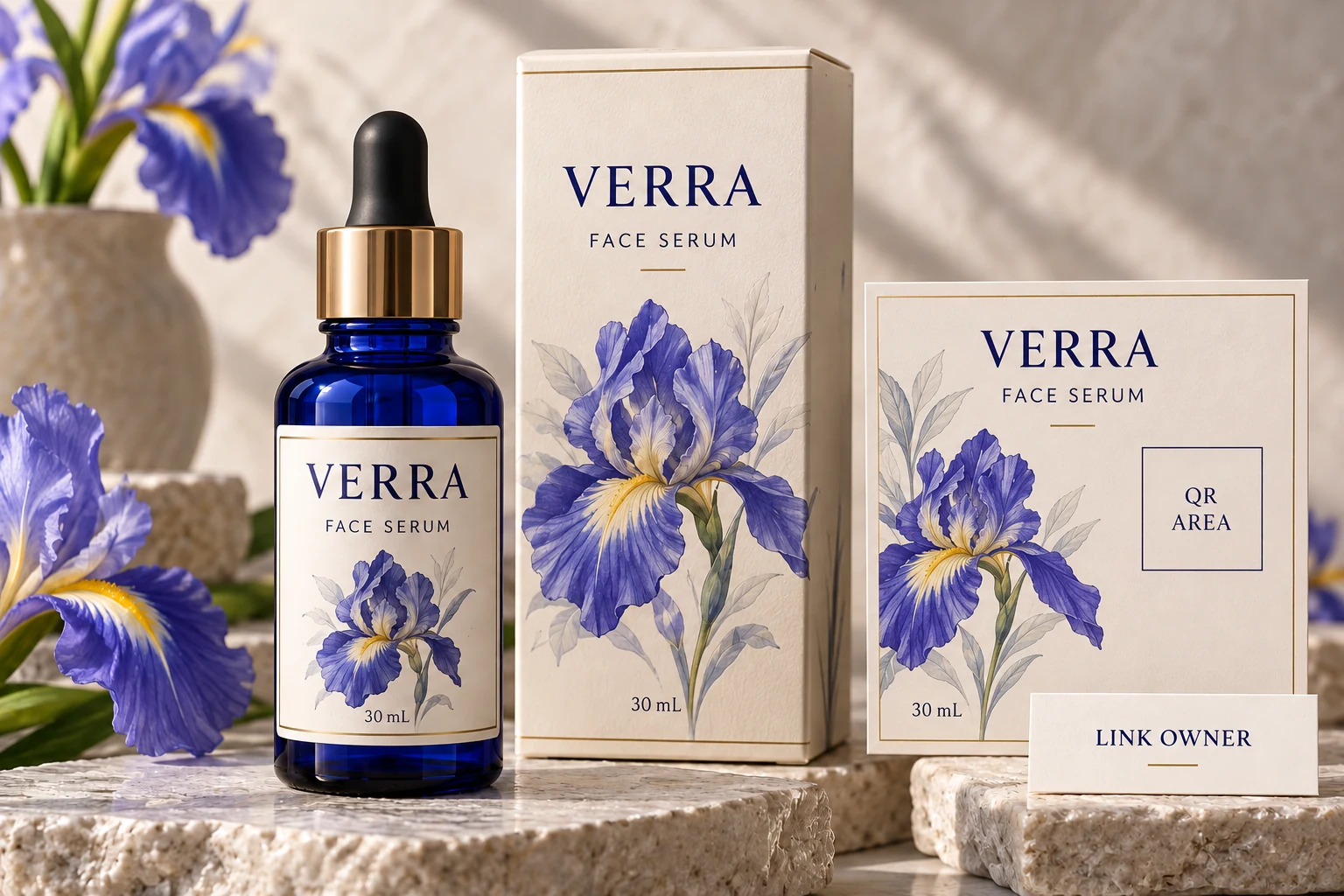 VERRA serum packaging and an identified QR reservation area accompany a link-owner brief