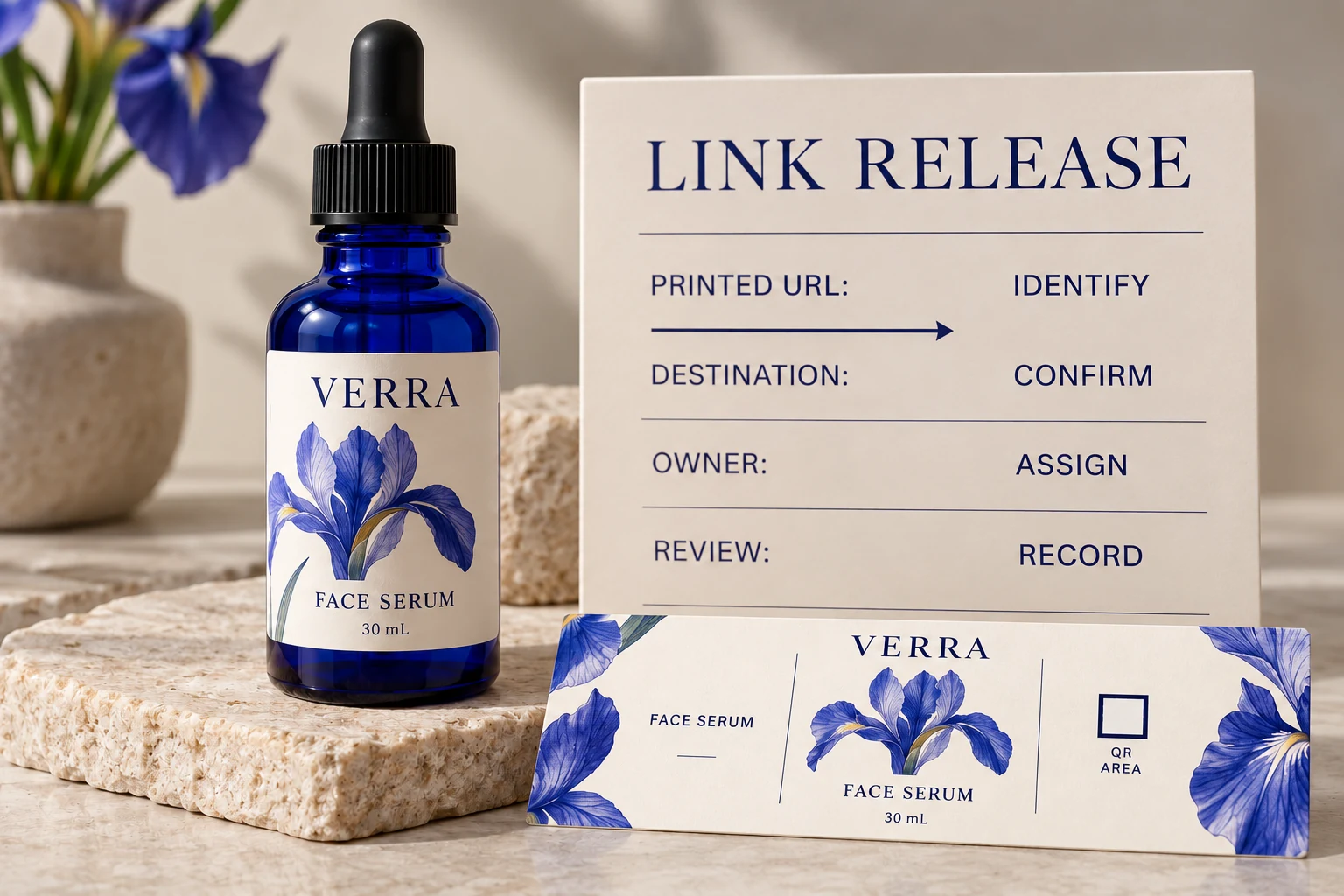 A VERRA packaging concept connects the printed URL to destination, ownership and review fields