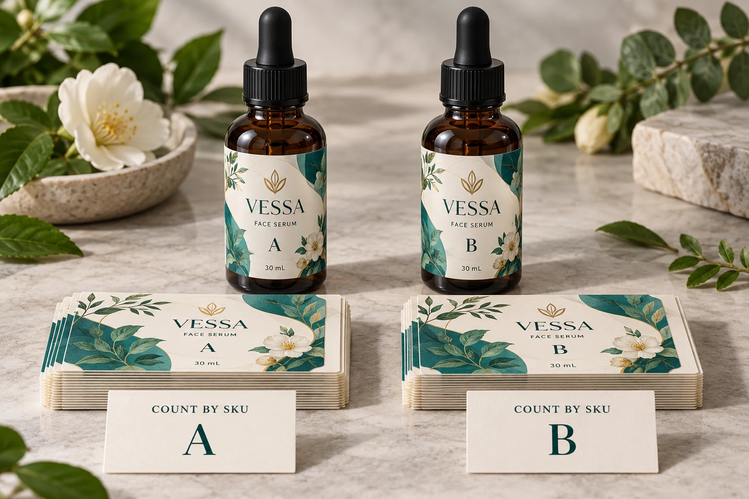 VESSA serum variants A and B beside separate matching label stacks