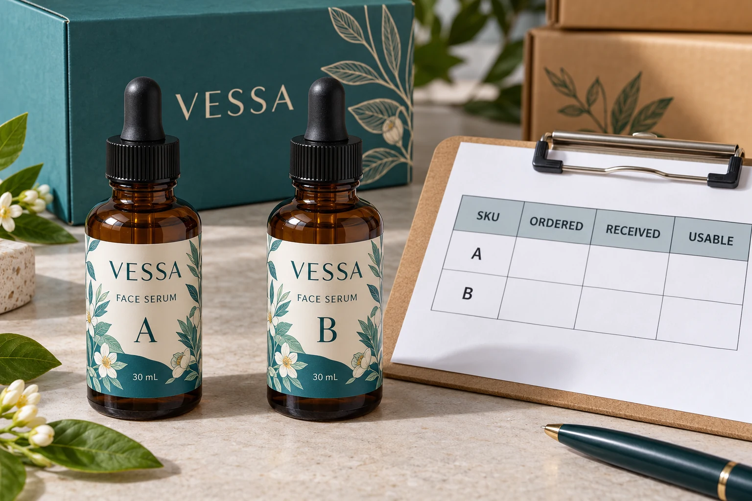VESSA A and B bottles beside a blank ordered, received and usable quantity worksheet