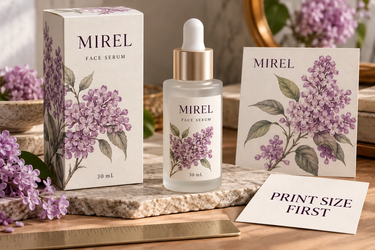 A MIREL serum bottle, matching artwork and botanical asset accompany a print-size review card
