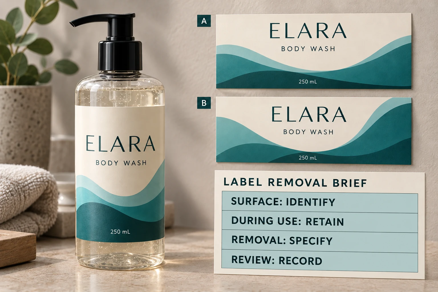 An ELARA bottle accompanies a removal brief identifying surface, use, removal and review