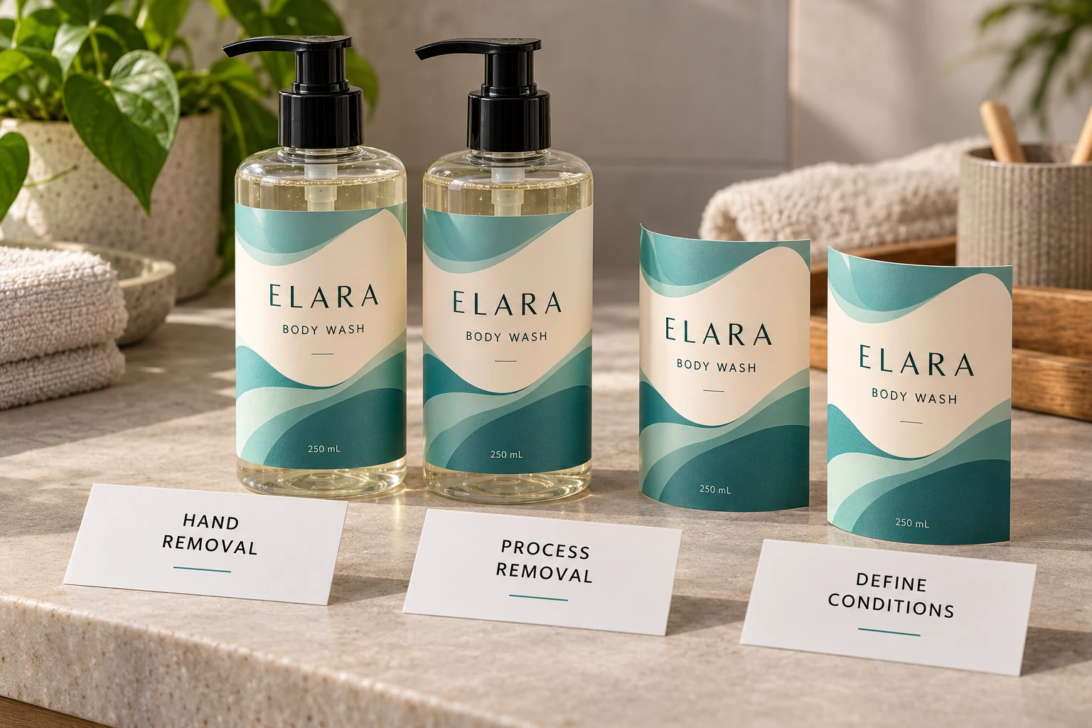 ELARA body wash bottles and identified samples accompany separate hand-removal and process-removal briefs
