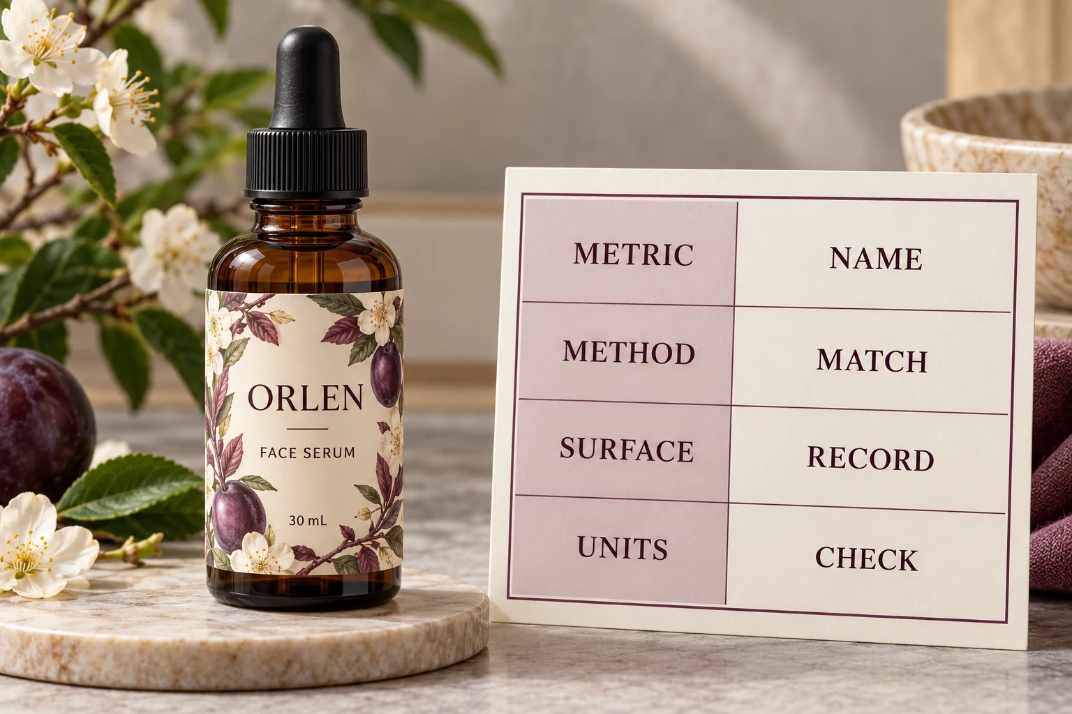 An ORLEN packaging example presents metric, method, surface and units as separate comparison fields