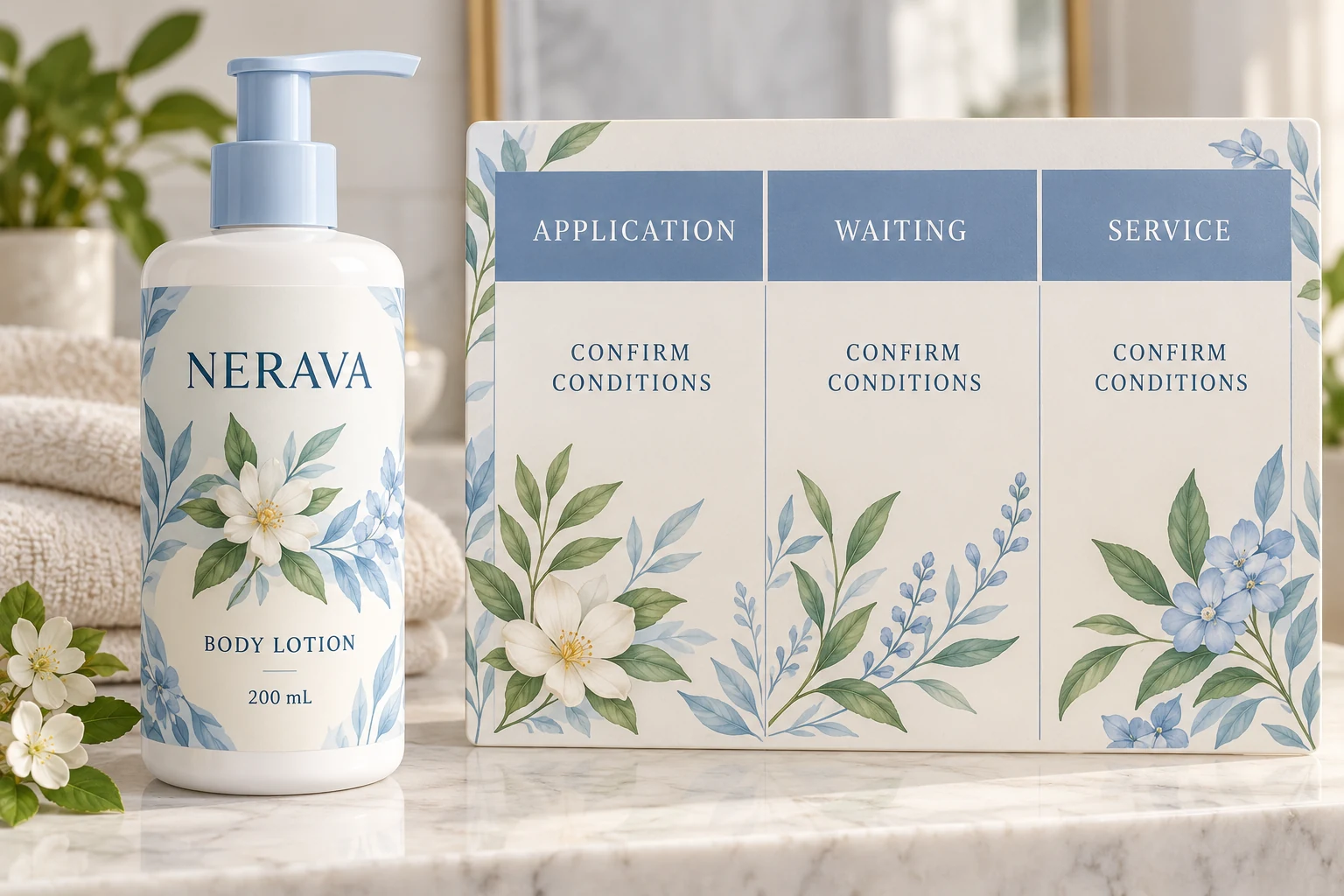 NERAVA bottle beside a worksheet separating application, waiting and service conditions