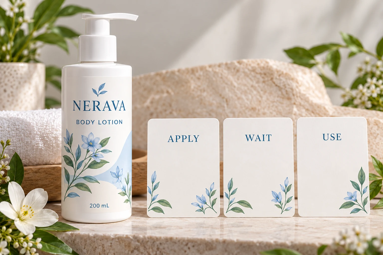 NERAVA lotion packaging beside application, waiting and service planning cards