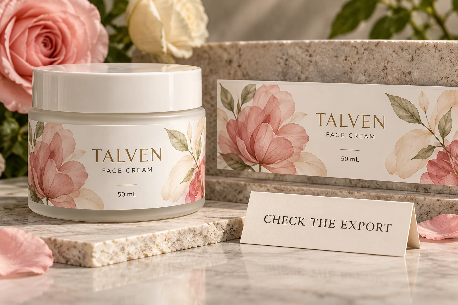 TALVEN cream packaging and matching petal artwork accompany an export-review reminder
