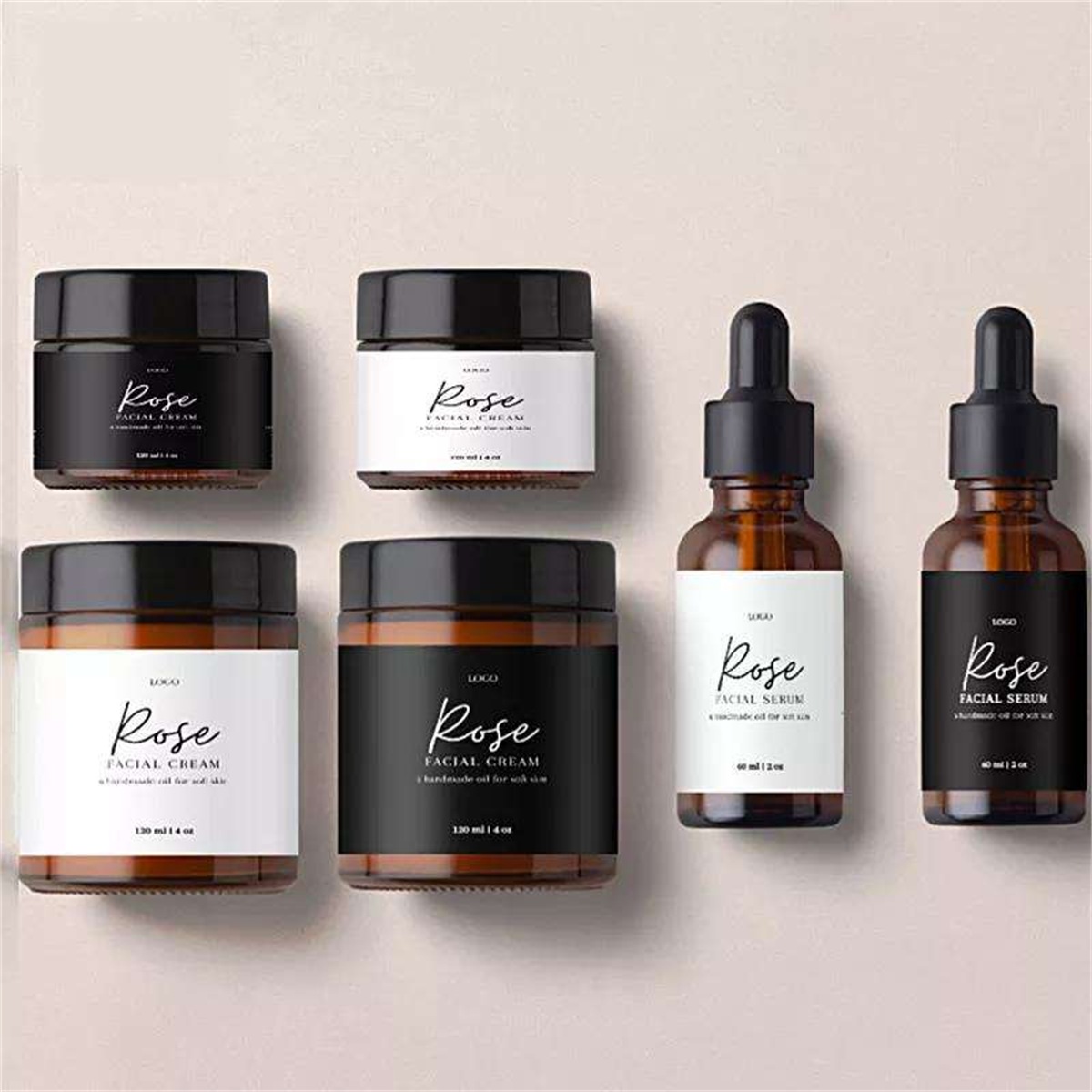 Custom skincare labels for serum bottles and cream jars