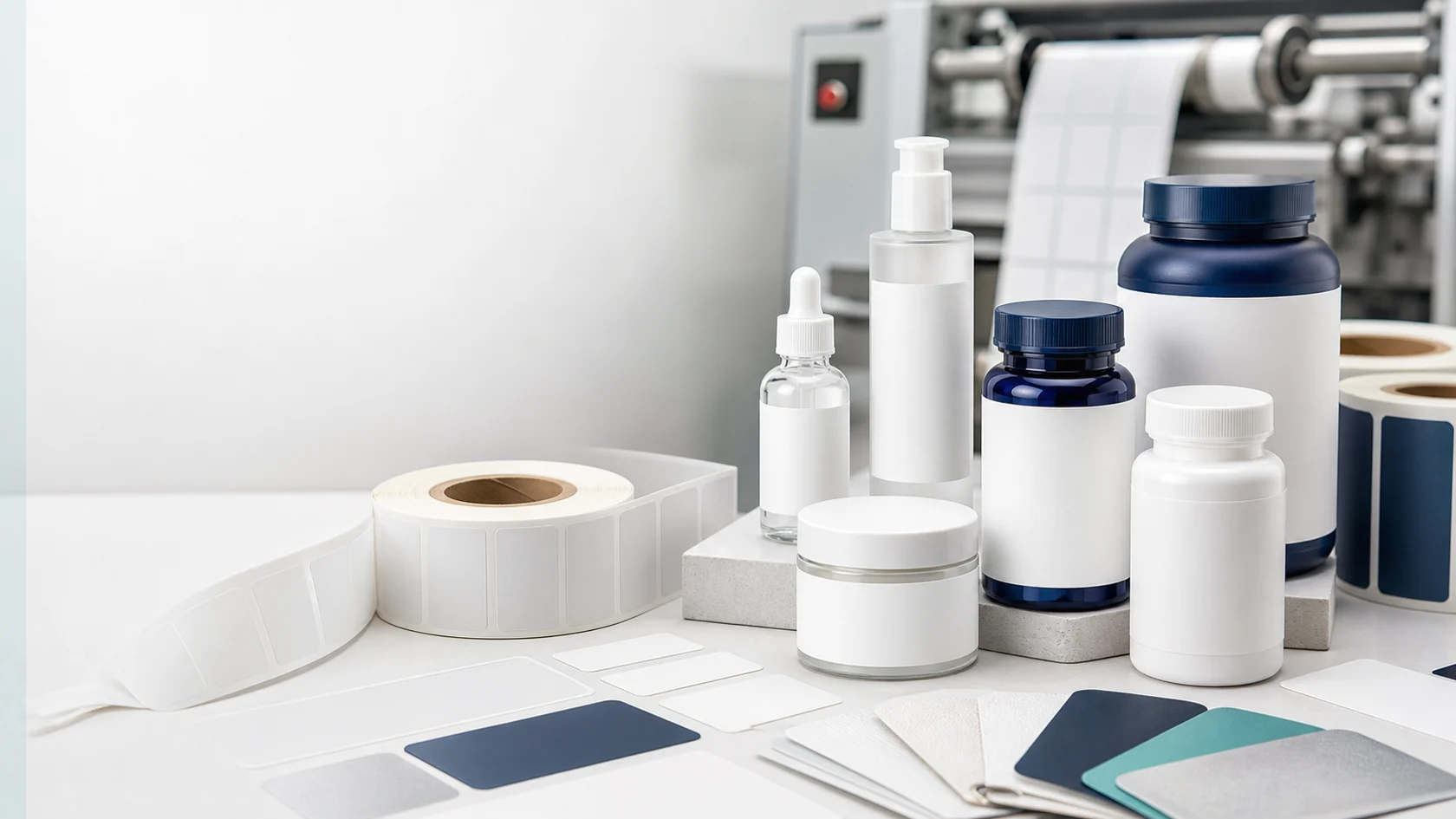 Custom bottle labels with cosmetic and supplement bottles