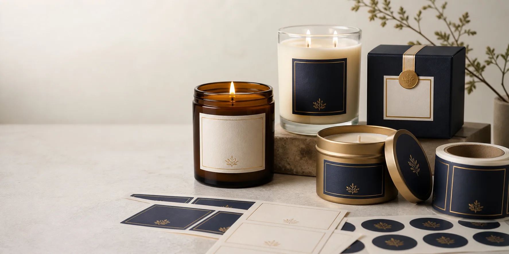 Premium custom candle jar and fragrance label packaging with coordinated retail presentation