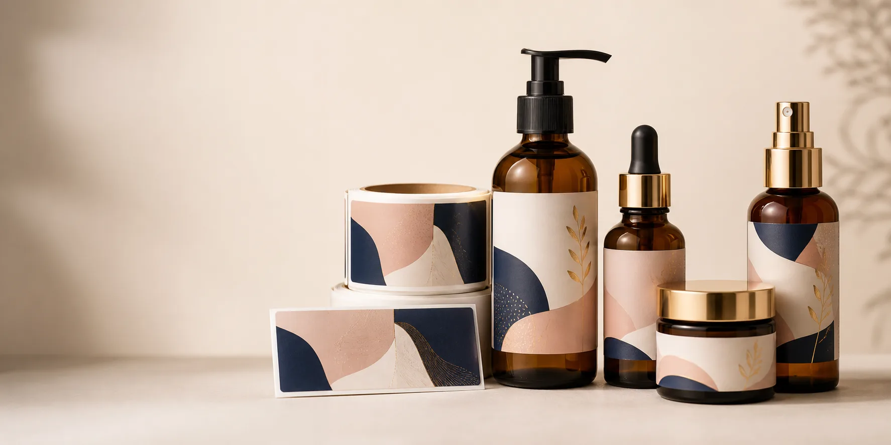 Premium custom cosmetic bottle and jar labels with coordinated skincare packaging