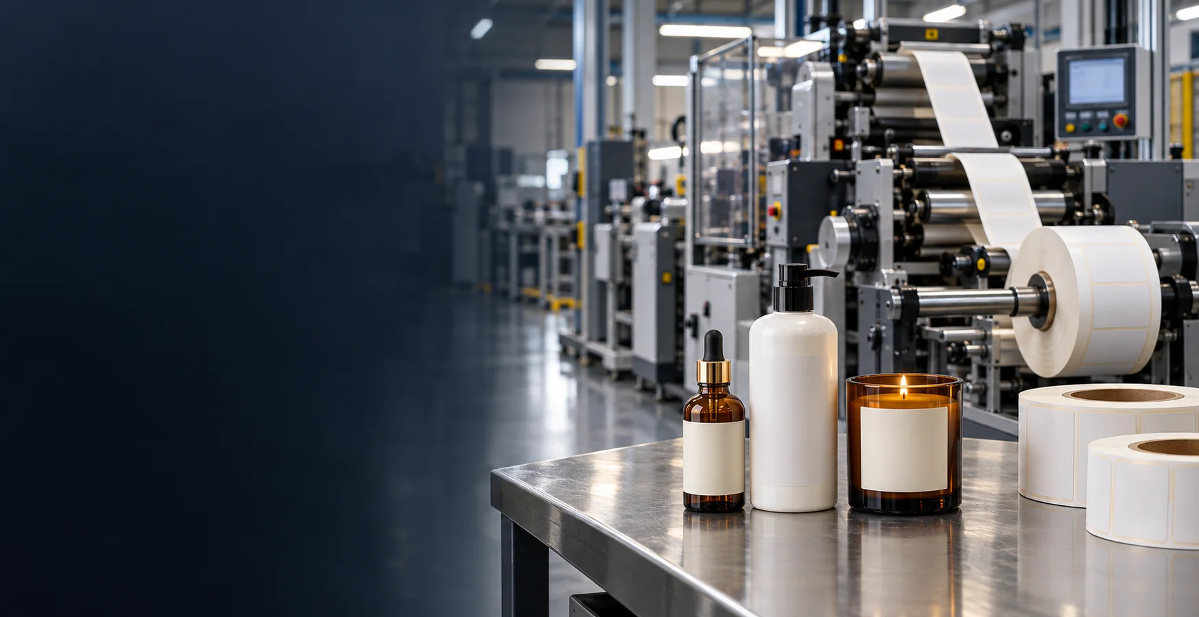 Custom label production line with cosmetic, wash care and candle packaging samples