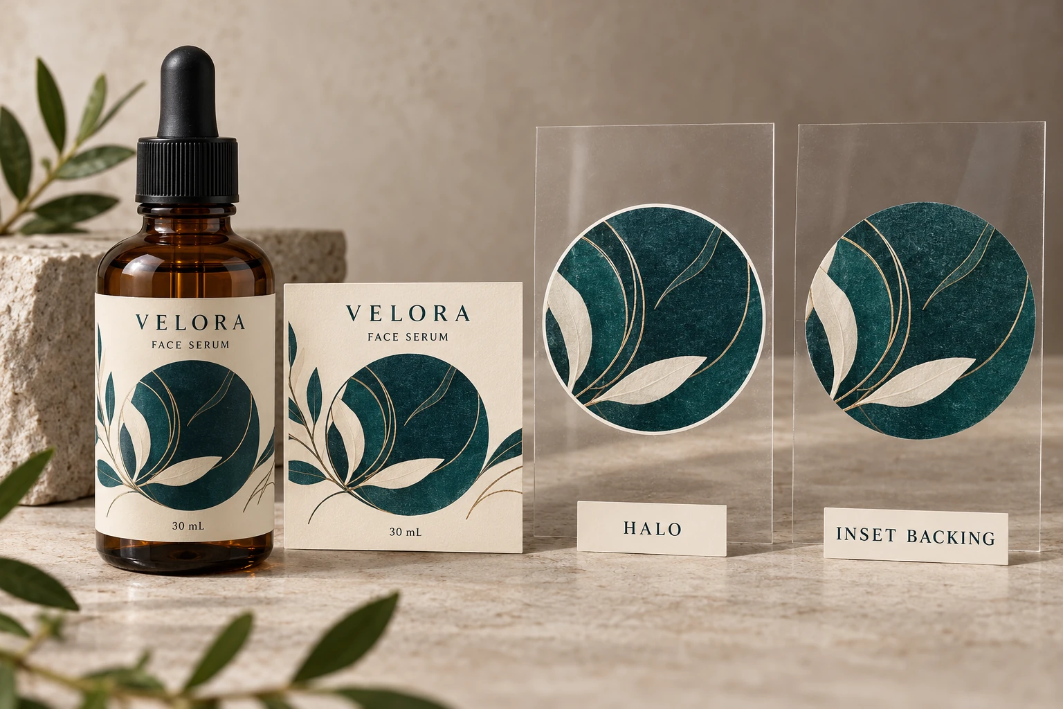 Amber serum bottle and clear-label edge samples