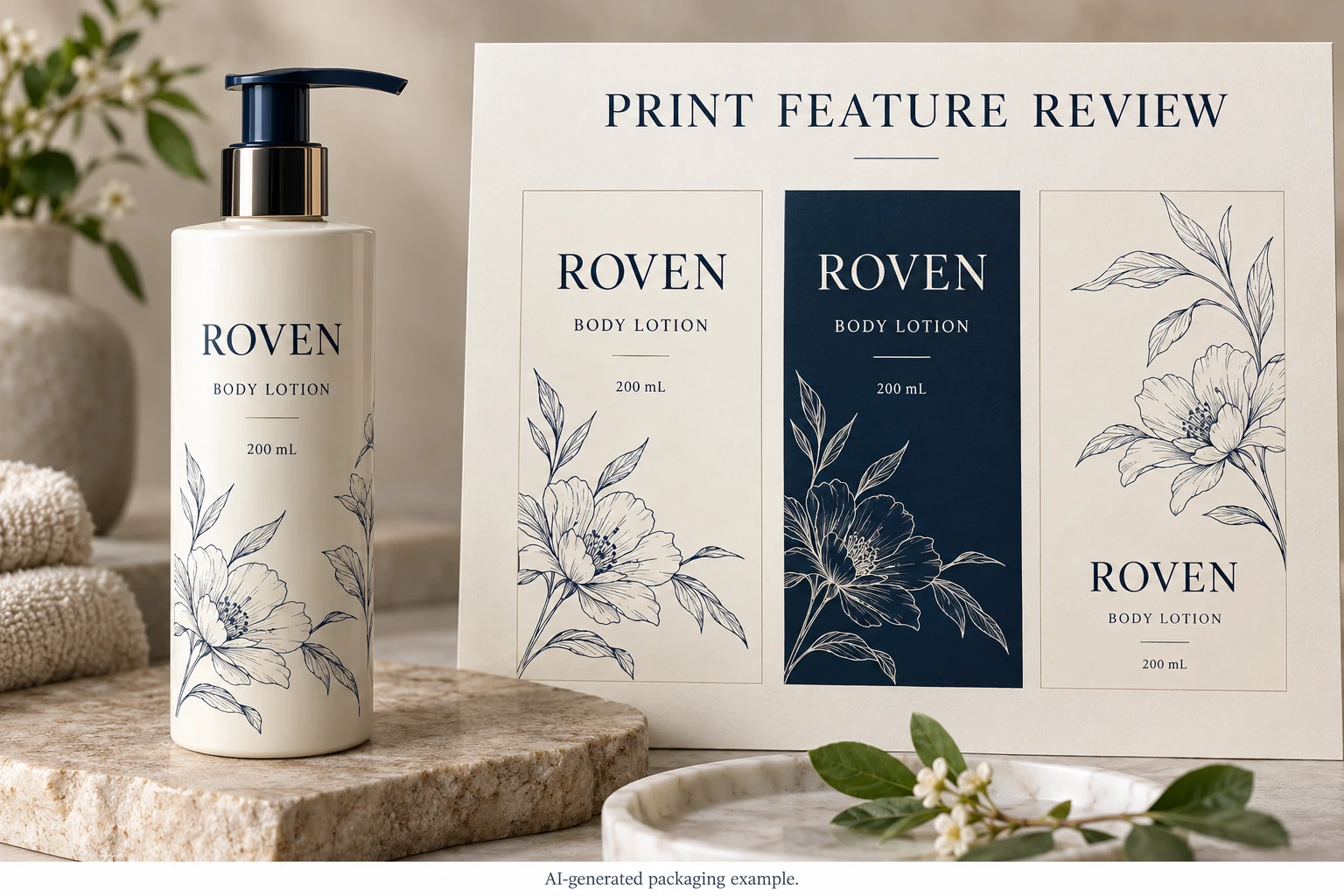 Lotion label with positive type, reversed type and fine botanical artwork